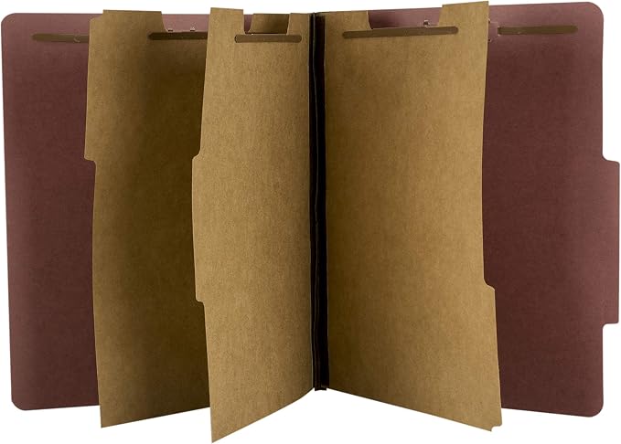 The File King Three Divider Pressboard Classification Carnelia Red File Folder - Letter Size | Box of 10 | 2/5 ROC Top Tab | 3” Expansion | Eight 2-Inch Fastener Prongs | USA Made