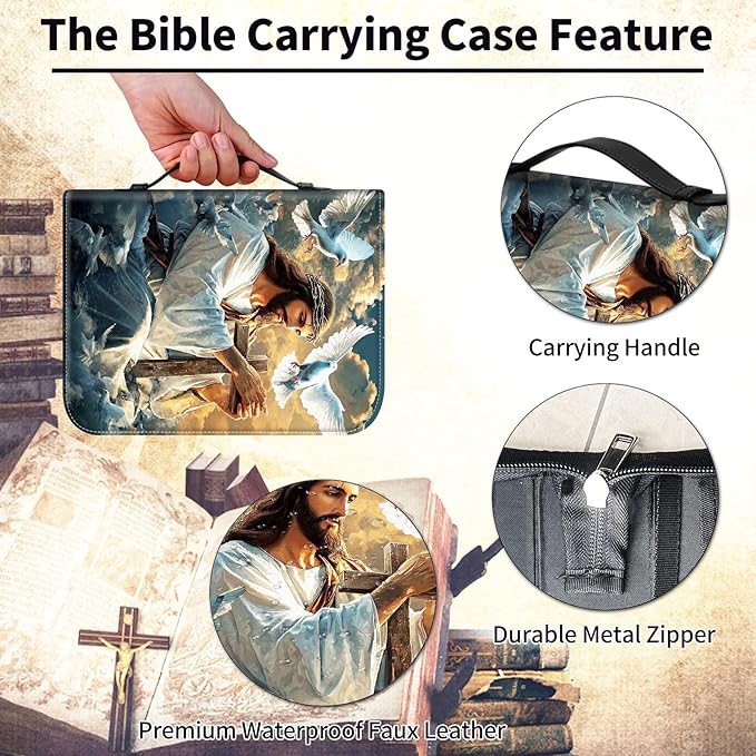 Bible Cover for Men Women,Large Leather Bible Case Fit Book Up to 11x8x2 Inch,Jesus with White Doves and Cross Bible Covers Bible Study Carrier Church Bags w/Handle & Zipper