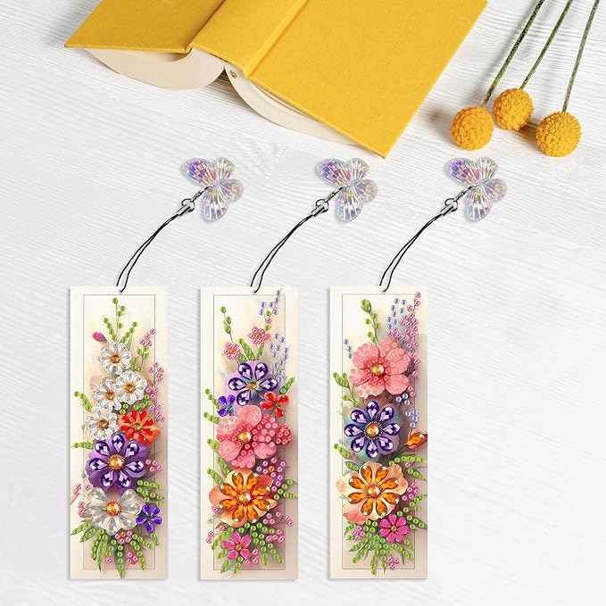 ARTopet 3Pcs DIY Diamond Art Painting Bookmarks with Colorful Butterfly Pendant PET Bookmark Ornament Double Sided Pattern Single Sided Diamond Book Marker Clip Gifts Tags-Flowers07