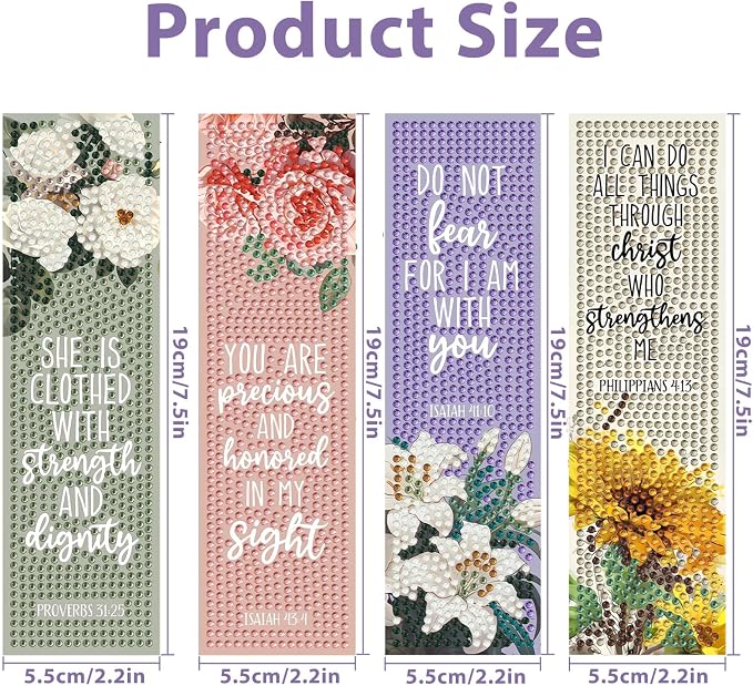 4 PCS Bible Diamond Painting Bookmarks, Flowers Diamond Art Bookmarks for Adults with Pendant, 5d Gem Art, Acrylic Bookmark Easy DIY Crafts for Books Decor Gift