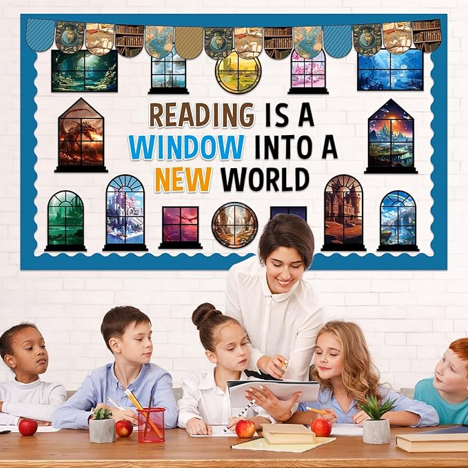 Reading Bulletin Board Set Back to School Classroom Decoration Reading is A Window Into A New World Cutouts Educational Motivational Kindergarten Elementary School Classroom Chalkboard Wall Door Decor