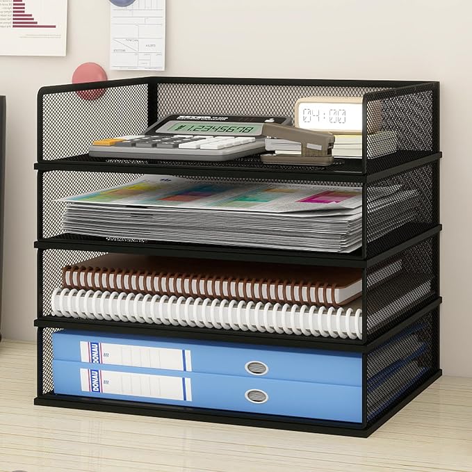 Natwind 4 Tier Letter Trays, File Trays for Desk Stackable,Desktop Paper Organizers for Office Supplies, Metal Mesh File Organizer，Office Organizer，Letter Trays for Home, Office, School，Black