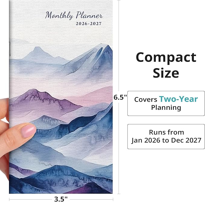 Pocket Calendar 2026-2027 for Purse, Two Year Monthly Planner Pocket Size, Jan 2026 to Dec 2027 Monthly Planner Small Size (6.5" x 3.5") - Distant Peaks