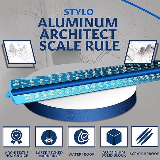12" Aluminum Architect Scale Ruler Laser Etched Triangle Drafting Ruler, Color Coded Grooves for Blueprint, Drafting and Drawing, Architectural Scale Ruler for Blueprints (Light Blue, Metric Units)
