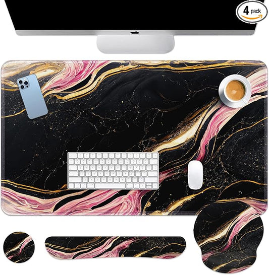 Britimes Pink Black Gold Marble Keyboard Mouse Pad Set 4in1 Large Mousepad+Keyboard Wrist Rest+Mouse Wrist Rest+Coaster Ergonomic Design for Home Office Computer 35.4x15.7 inches