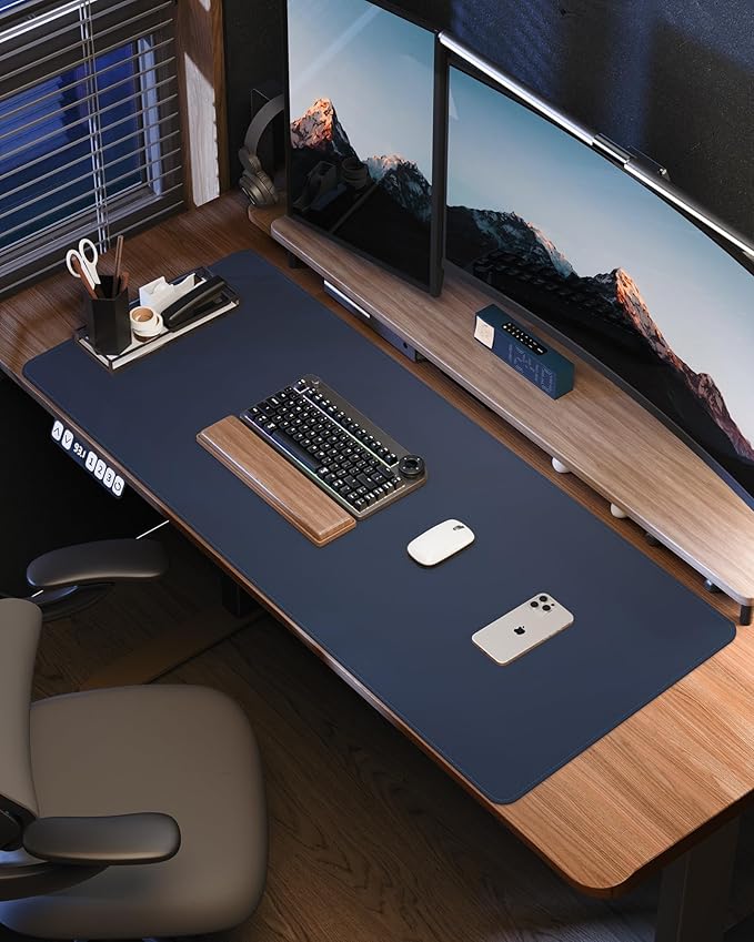 AFIING Leather Desk Protector, 55"x17" - Premium Office Mat, Large Mouse Pad, Non-Slip Blotter, Waterproof Writing Pad - Midnight Blue