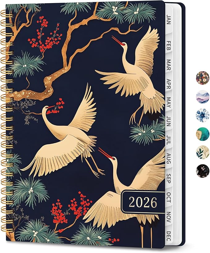 2026 Planner, Weekly and Monthly Planner for Women, January 2026 - December 2026, Hardcover 2026 Calendar Planner Book with Tabs, Inner Pocket, Spiral Bound, Perfect for Office Home School Supplies - A5 (6.3" x 8.5"), Crane
