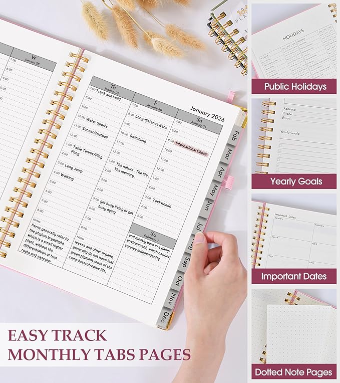 2026 Planner, Weekly and Monthly Calendar Planner from January 2026 - December 2026, 8.5" x 11" Hardcover Leather Hourly Appointment Book with Tabs, Spiral Daily Planners for College School Work Home, Light Pink