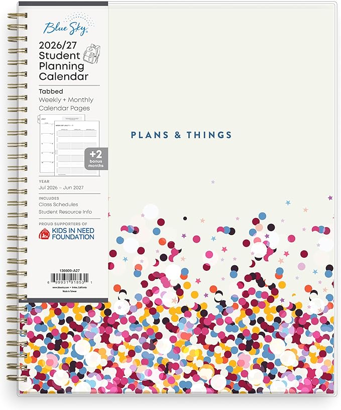 Blue Sky 2026-2027 Weekly and Monthly Academic Year Student Planner Calendar, July 2026 - June 2027, 8.5" x 11", Flexible Cover, Wirebound, Laminated Tabs, Star Confetti Bright