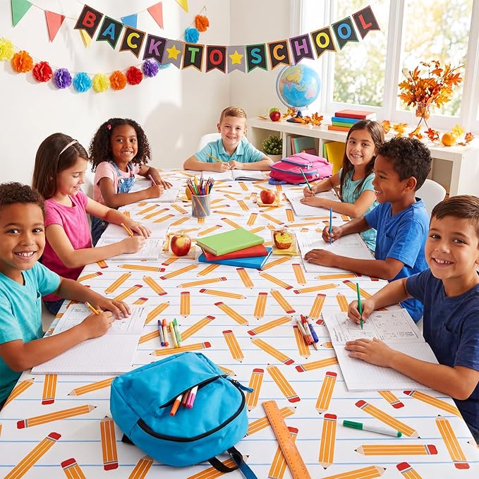 Ctosree 2 Roll Lined Pencils Bulletin Board Paper 4x12ft/1.2x3.6m Non Woven Bulletin Background Wallpaper Fade Resistant Board Roll Decoration for Arts Crafts Office School Classroom(White Yellow)