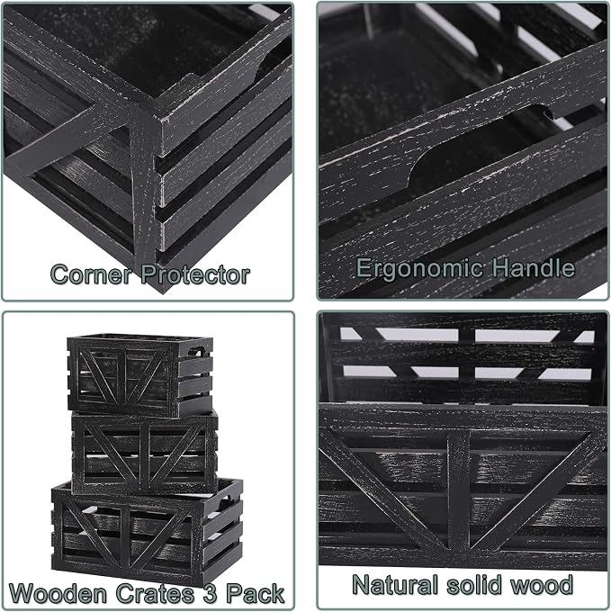 Storage Crates Nesting Wooden Boxes 3 Pack,Wood Storage Crates with Handles,Rustic Farmhouse Crates,Wooden Storage Container for Display