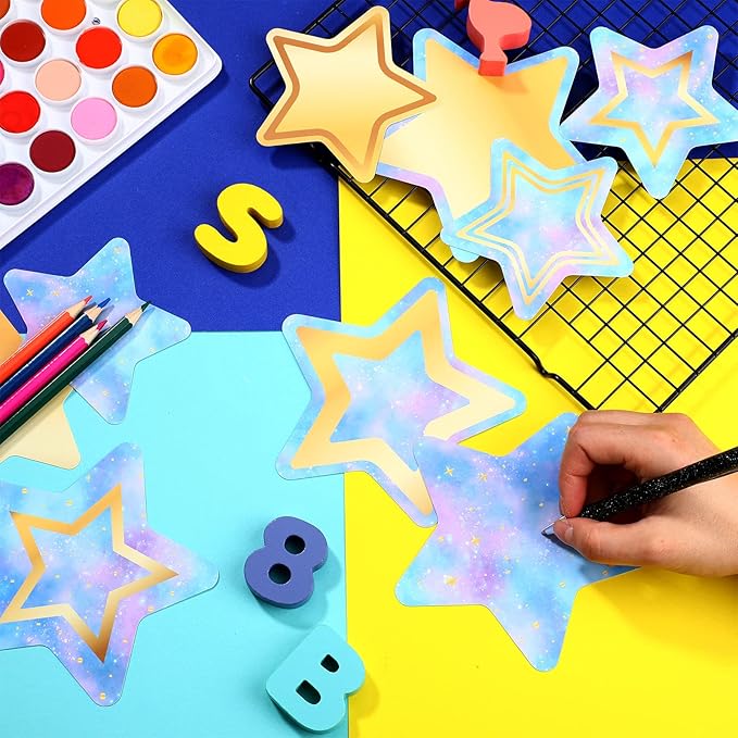 72 Pieces Galaxy Star Cutouts Gold Star Accents Name Tag Labels Paper Classroom Bulletin Board Decoration with Glue Points for Preschool Locker Wall Door Back to School Supplies(5.9 inch, 4 inch)