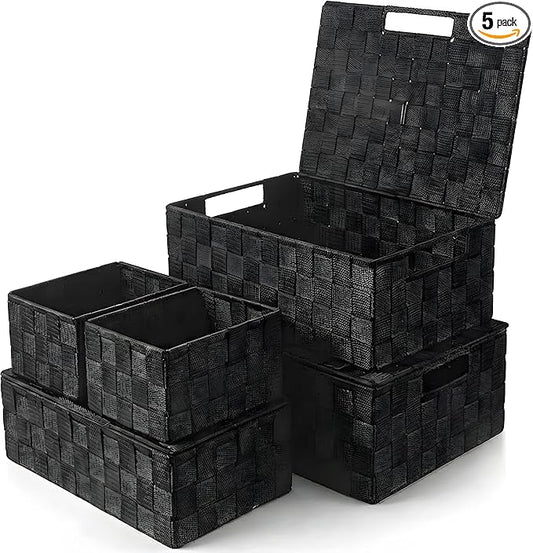 5 Piece Woven Storage Basket Set with Lids, Black Polypropylene Organizer Bins with Metal Frame and Handles, Multi Size Shelf Closet Drawer Storage Boxes