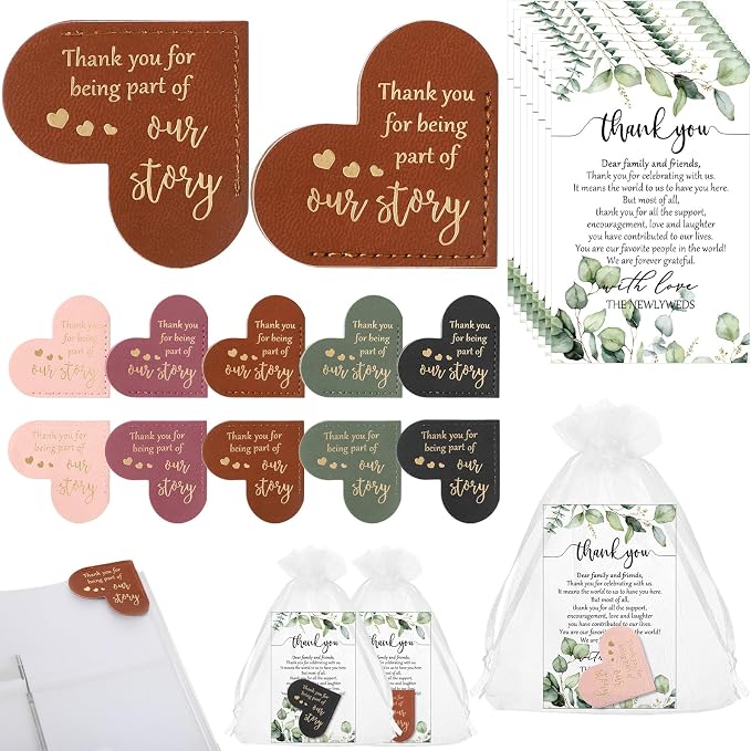 Sinload 50 Sets Wedding Favors for Guests Bulk Include PU Leather Corner Bookmarks Heart Book Marks Thank You Cards Gift Bags Wedding Souvenirs for Guest Bridal Shower Favors Reading Lover Gifts