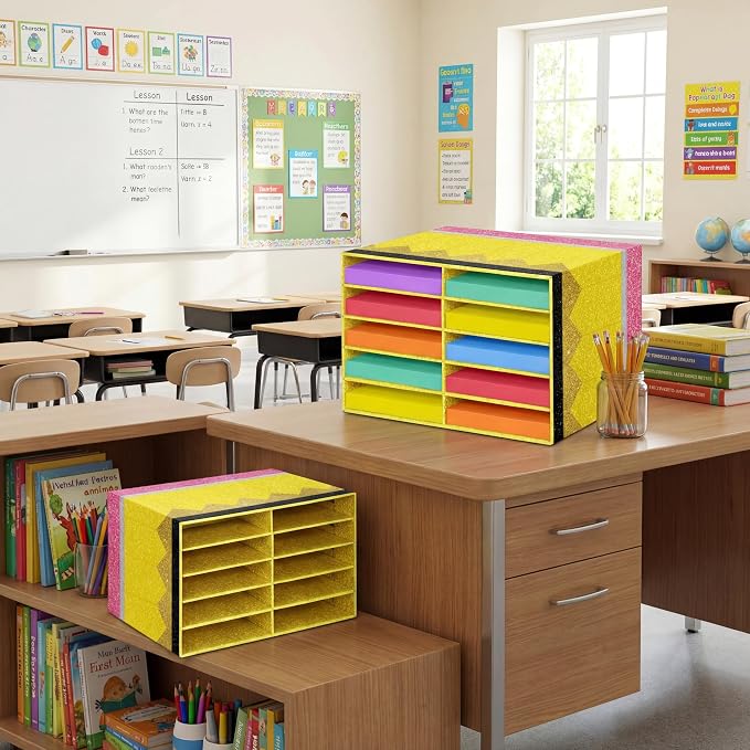Colingmill 2 Pcs Pencil Classroom Paper Storage Organizer Construction Paper Storage Desktop Mailbox File Sorter Literature Cardboard Organizer for Home Office School, 19.7 x 12.4 x 11.8 Inch