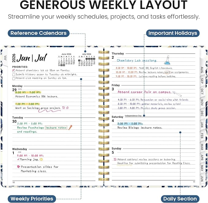 Planner 2026–2027, Academic Year Monthly & Weekly Calendar Book, Jul 2026–Jun 2027, Hardcover Organizer with Tabs, Student & Teacher Planner, 6.3" x 8.5", Blue Heirloom