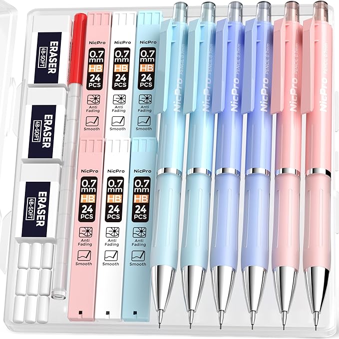 Nicpro 6PCS Mechanical Pencils 0.7 mm Set with Case,6 Tube HB Lead Refill, 3PCS Eraser, 9PCS Eraser Refill for School Supplies Cute Student Writing, Drafting