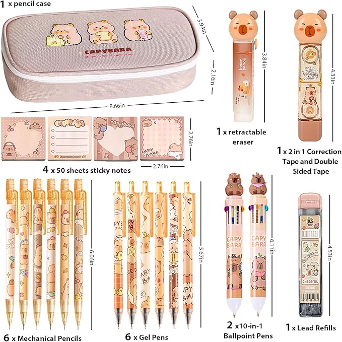 Cute Capybara School Supplies Stationery Set Kawaii Stationery Birthday Gifts Includes Eraser Mechanical Pencils Erasers Correction Tape Pencil Holder Gel Pens,for Office School Supplies