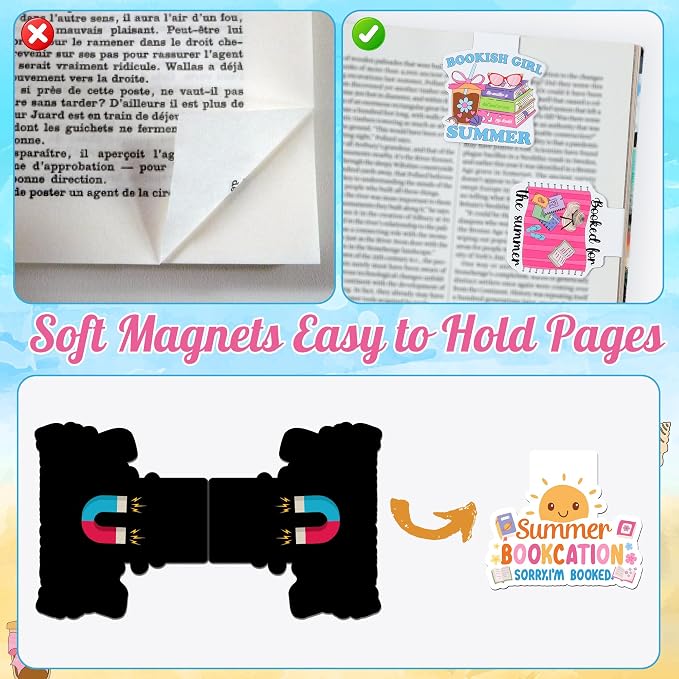 20Pcs Summer Reading Magnetic Bookmarks Cute Vacation Funny Book Club Bookmarks, Summer Poolside Reading Bookish Page Marker Clip Readers Accessories for Book Lover Graduation Back to School Gift