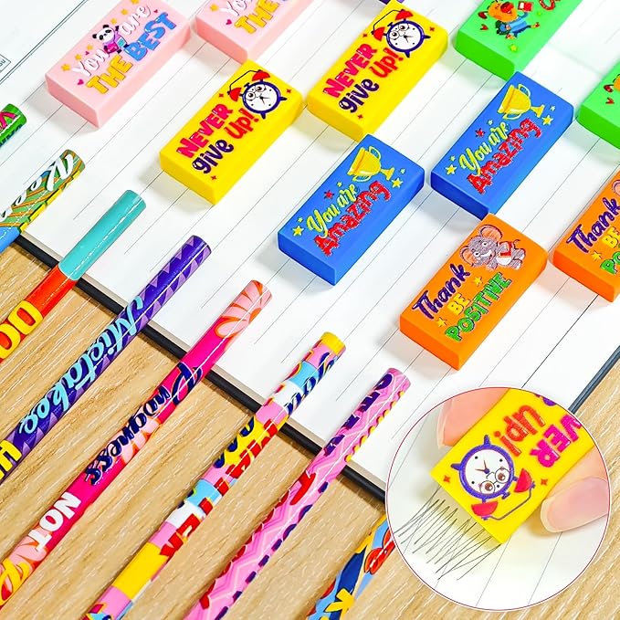 Cinrobiye 100 Pcs Inspirational Pencils with Erasers，Motivational Pencil Erasers Bulk Back to School Gifts Supplies Party Favor Goody Bag Fillers for Students Classroom Teacher Prizes Reward