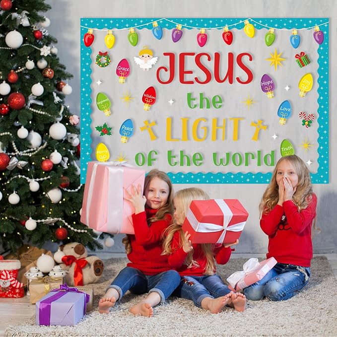 82 Pcs Christmas Religious Bulletin Board Decorations Colorful Light Bulb Jesus the Light of the World Cutouts Xmas Christian Faith Bulletin Board for Sunday School Classroom Decoration