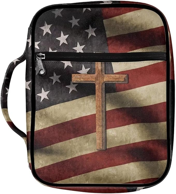 Suobstales Cross American Flag Print Bible Cover Bible Case for Women Men Lightweight Carrying Book Cover Church Bag Bible Protective Bag with Handle and Zippered Pocket