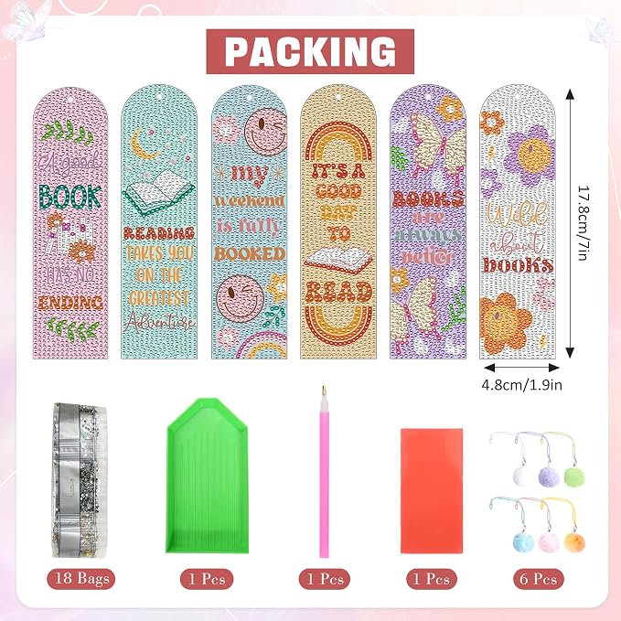 6PCS Kids Diamond Art Bookmarks Kit– DIY Reading Gifts for Classroom, Inspirational Quote Designs – Fun Art & Craft Activity for Boy and Girls