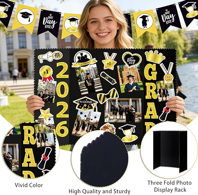 Graduation Photo Display Board - 4 Set Trifold Poster Board for Graduation Party, Folding Picture Presentation Frame for Multiple Pictures Table Decor (24x16 Inches)