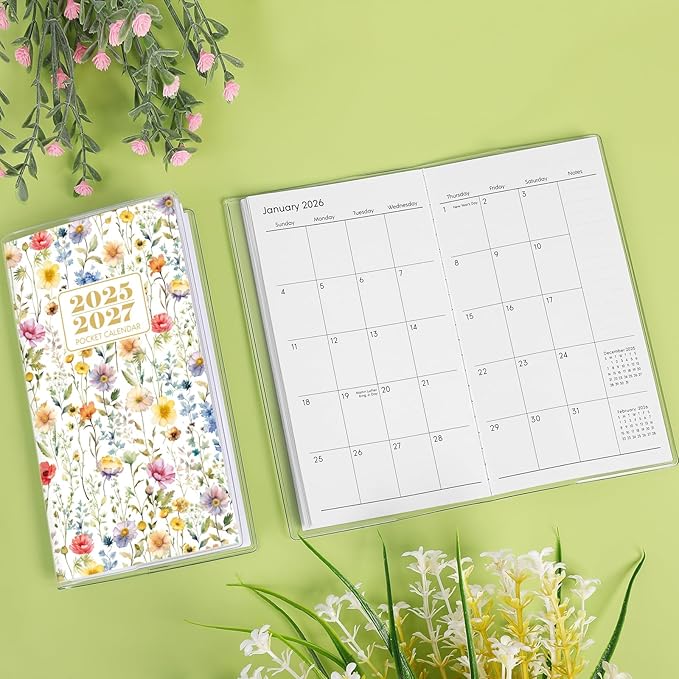 KONVINIT Pocket Calendar 2025-2027, Floral 2025-2027 Monthly Planner - 3.7" x 6.7" - Runs from July 2025 Until December 2027, 2026 Pocket Calendar with PVC Cover for Student, Women, Office Supplies