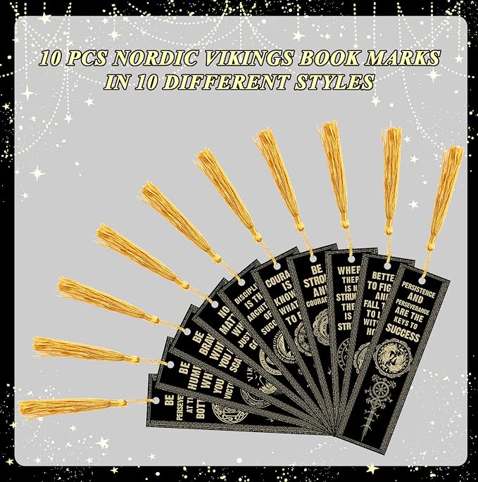 10 Pcs Motivational Bookmarks for Men Christmas Nordic Vikings Bookmarks with Tassels Celtic Book Marker PVC Scandinavian Vikings Book Marks for Xmas Office Employee Teacher Classroom Reader Gift