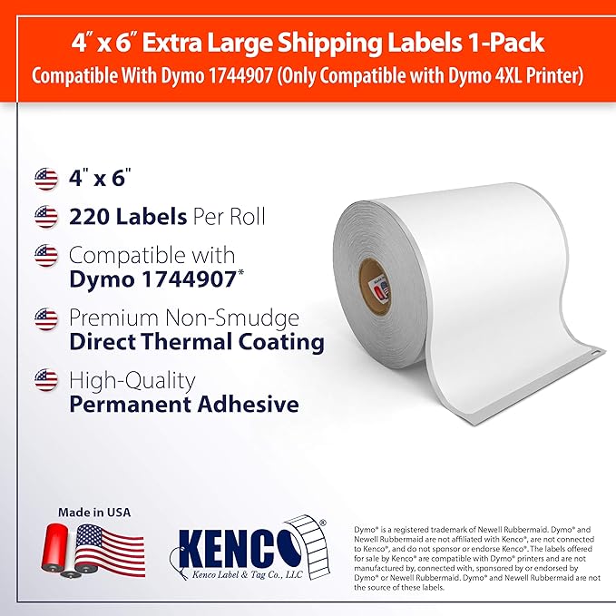 4" x 6" Compatible with Dymo® 4XL Postage Shipping Labels, Compatible with Dymo® 1744907 (1 Roll - 220 Labels Per Roll) (1 Pack)