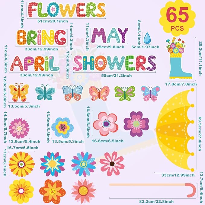 Qyeahkj April Showers Bring May Flowers Decorations Set Spring Theme Flower Bulletin Board Cutouts Colorful Paper Cut Outs for Easter Spring School Classroom Whiteboard Home Party Decor Supplies