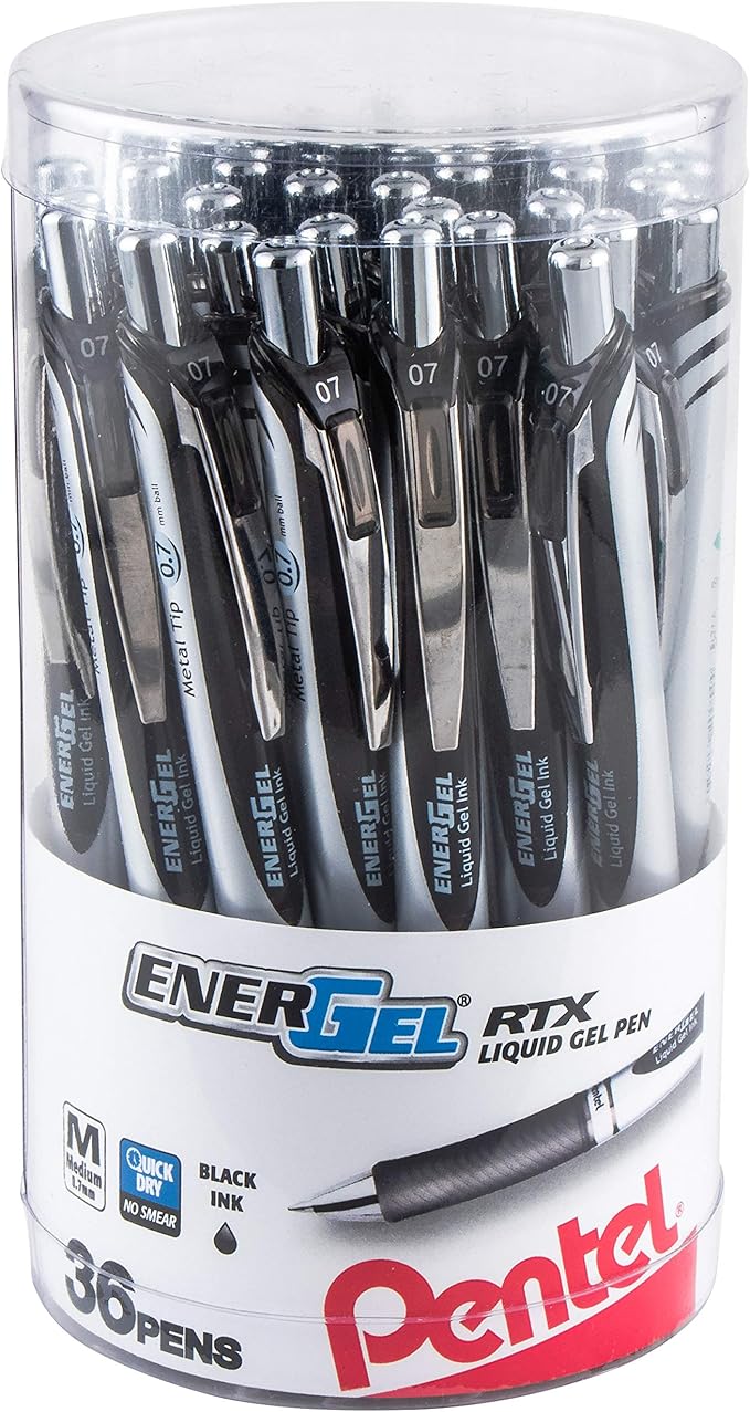 Pentel EnerGel RTX Retractable Liquid Gel Pen Canister, Black Ink (BL77PC36A) (Pack of 1, 36 Count Total)