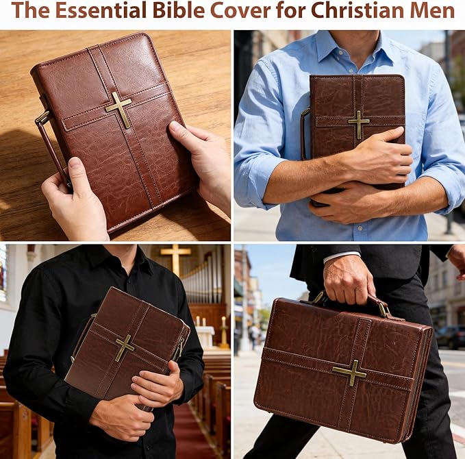 Bible Cover Case PU Leather Bible Bag for Men, with Leather Bookmark, Pen Slots, Handle, Strong and Sturdy Church Bag, Christian Gifts for Men and Women, Fits Standard Size Bibles (Brown)