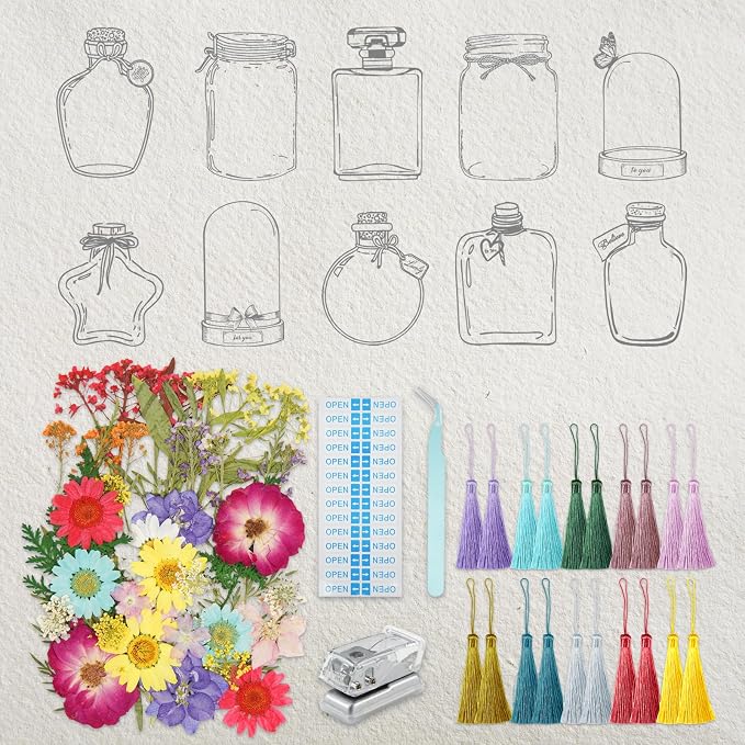 Large Size Bookmark Set, Pressed Flowers Bookmark Set, Bookmarks Making kit, Include Real Flowers Leaves, Cute Glass Bottle Shape, Handmade DIY with Tweezers Puncher Colorful Tassels