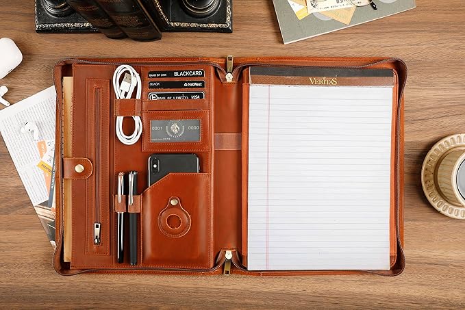 Leather Portfolio for 13-in iPad Pro M4/M5 & 13-in iPad Air M2/M3, Leather Padtfolio with ipad Holder for Letter Size Notepad, Personalized Padfolio for Men - Brown