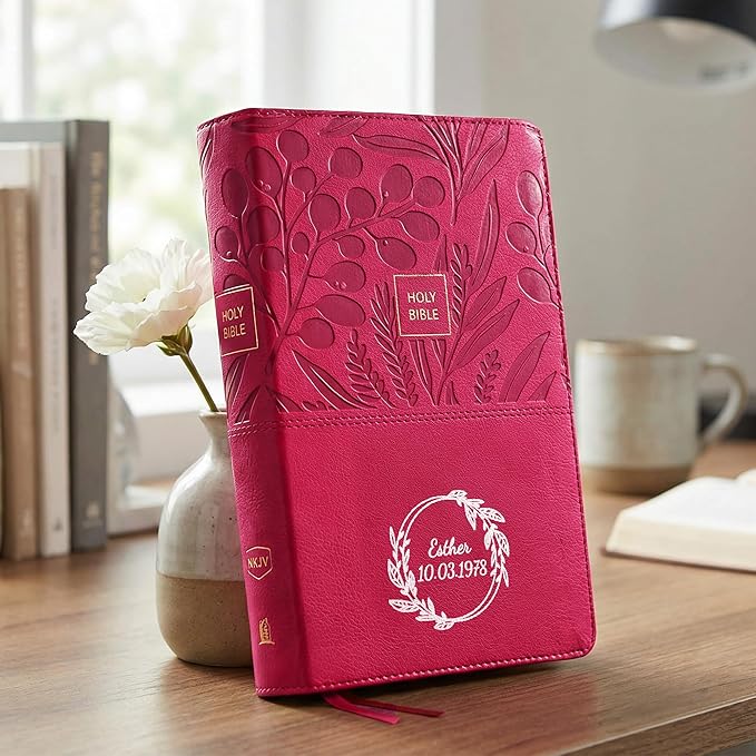 Personalized NKJV Reference Bible, Custom Name Text & Design, New King James Version, Large Print, Red Letter, Cross References, Faux Leather Pink, Baptism Confirmation Gift