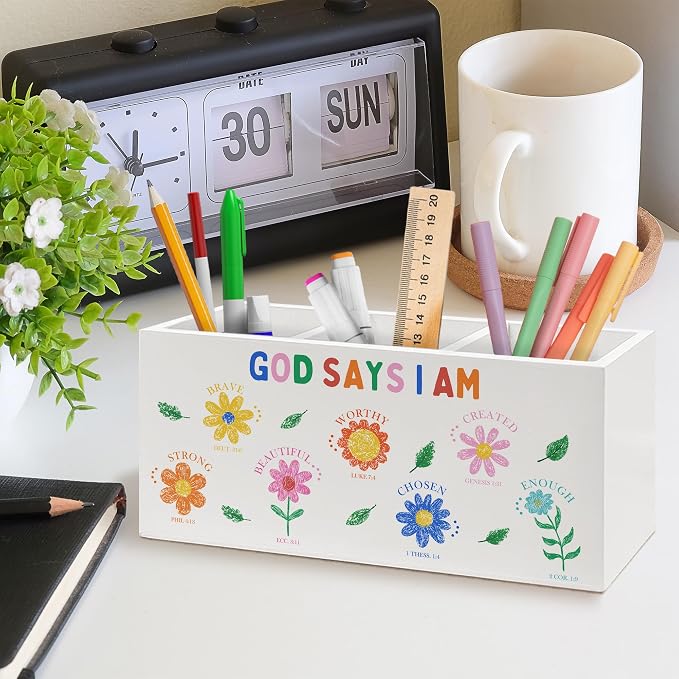 Christian Bible Verse Floral Pen Holder, Inspirational Office Pen Pencil Holder Organizer for Desk Accessories, God Says I Am Wooden Box Desk Decor for Girl Nursery Room Desk Decorations