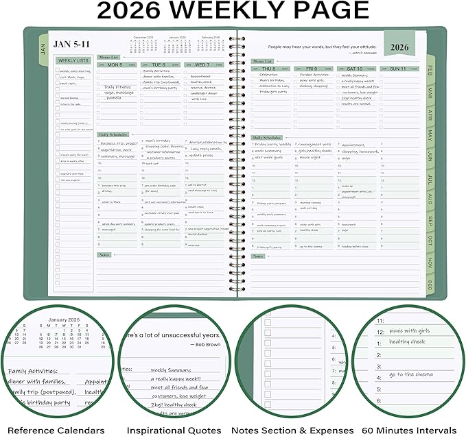 2026 Planner - 11.38'' x 8.74'', Weekly & Monthly Planner Notepad, Jan. 2026 - Dec. 2026, Appointment Book, 60 Minutes Interval, Monthly Tabs, Faux Soft Leather, Spiral Bound - Green
