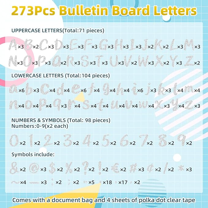273 Pcs 4 Inch Glitter Bulletin Board Letters Set - Poster Board Letter Cutouts with Alphabet, Symbols, Numbers, Storage Bag - Classroom Decor, DIY Projects, Teacher Supplies, Office (Silver)