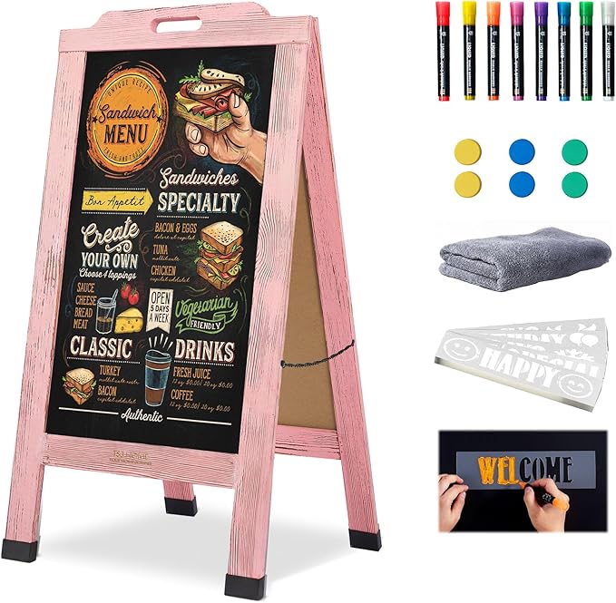 Magnetic Portable A-Frame Chalkboard Signs, 40" x 20" Large Wood Sandwich Board Signs Outdoor, Double-Sided Sidewalk Standing Chalk Board for Business, Wedding, Vendor Display, Coffee Shope - Pink