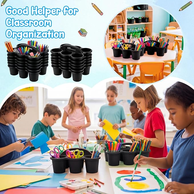 Novabright 12 Pack Classroom Caddy, Stackable Plastic Caddy Storage Basket with Handle for Kids, Table Desk Office Arts, Crafts, Crayon, Marker, Pencil, School Supplies (Black)