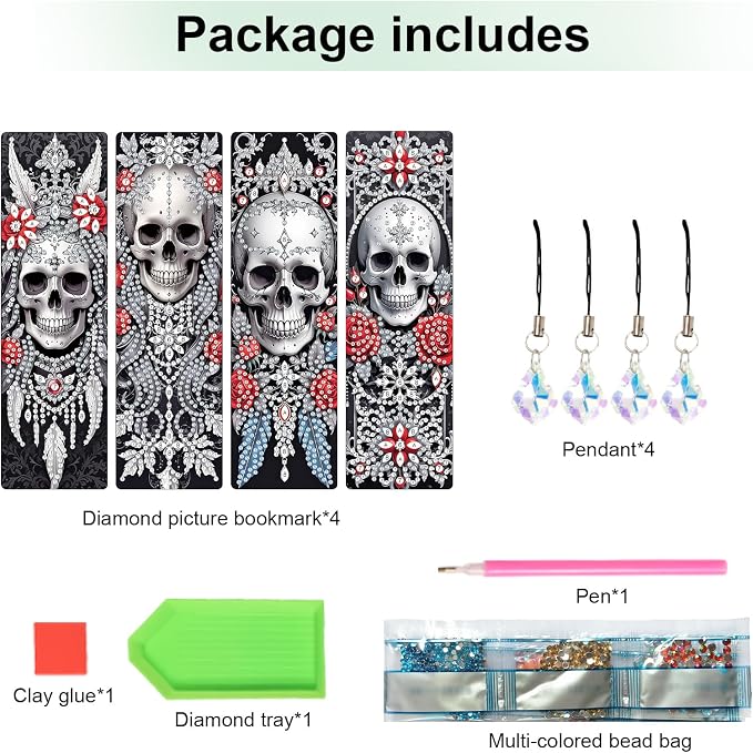 4 Pcs DIY 5D Diamond Painting Bookmark Kit - Special Shaped Crystal Rhinestones, Rose Skull Diamond Art Bookmarks with Crystal Pendant Tassels, Handmade Decorative Bookmarks Gift Set for Book Lovers