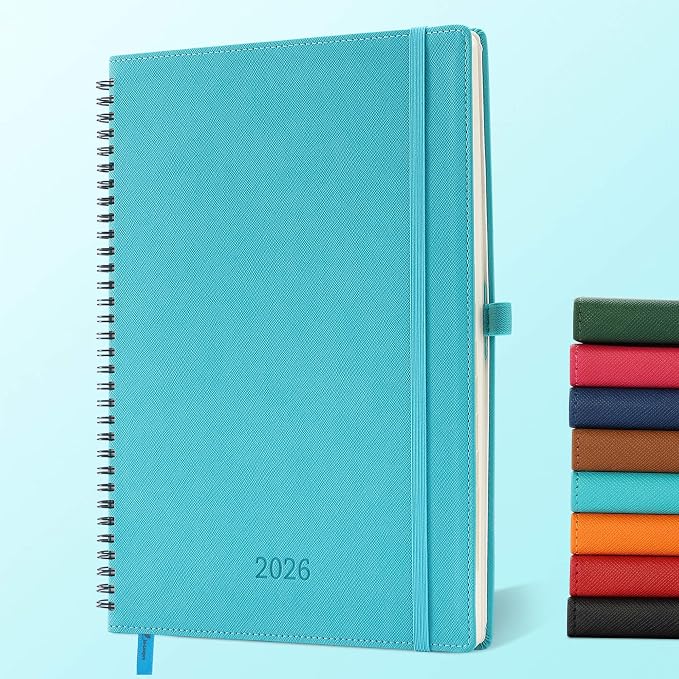 IN-LUXPRO Planner 2026 Daily Weekly and Monthly,11.5"x8.5",12 Months Spiral Bound Calendar Agenda with Self-adhesive Pen Holder,2026 Appointment Book with Vegan Leather Soft Cover,Light Blue