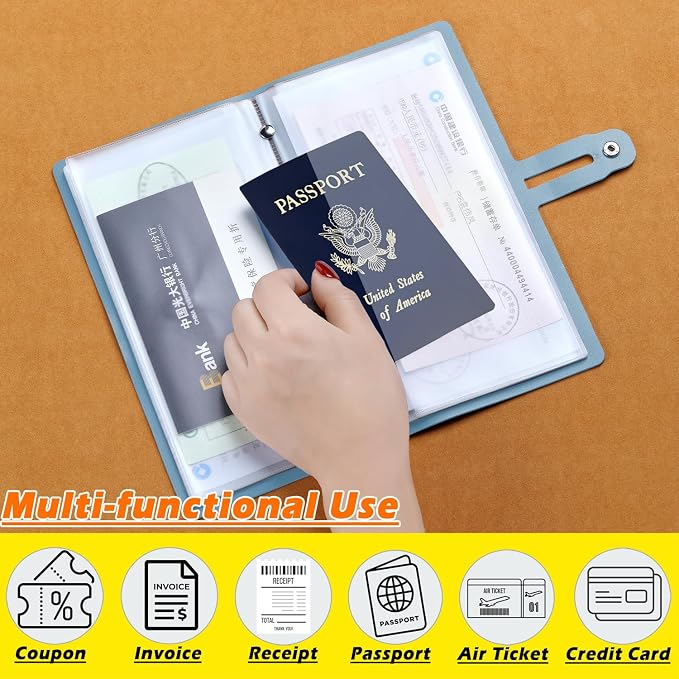 Leather Receipt Organizer, Portable Receipt Holder for Travel, Daily Coupon Organizer with 20 Pockets and 12 Card Slots to Keep Receipts and Coupons Organized, Prevent Loss and Damage (Light Blue)