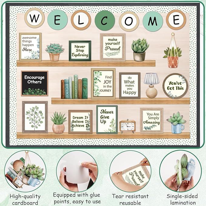 Welcome Back to School Bulletin Board Decorations, Eucalyptus Classroom Decor, Greenery Inspirational Affirmation Cutouts for Teacher Welcome Classroom School Supplies Door Wall Decor