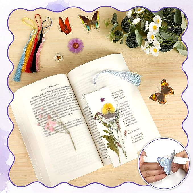 DIY Bookmark Making Kit – 187 PCS Dried Flower Bookmark Kit with Blank Bookmarks, Pressed Flowers, Butterfly Stickers, Tassels, Sleeves – Bookmark Craft for Painting, Handmade Gifts, DIY Bookmarks