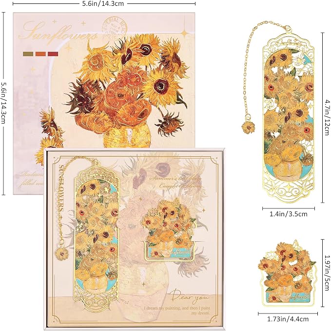 Luxury Metal Bookmark & Book Clip Gift Set, Oil Painting Themed Sunflowers, 1 Bookmark with Pendant + 1 Book Clip, Elegant Christmas New Year Gift Box for Women Book Lovers Writers Readers Teens