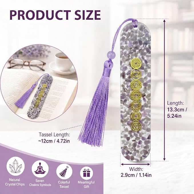 Fantasy Vintage Bookmark Gifts - Amethyst 7 Chakra Healing Crystals Resin Bookmarks for Women Men Book Lovers Beaded Tassels Page Marks Reading Accessories Bookish Birthday Graduation Gift