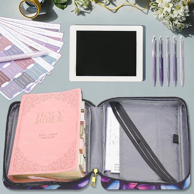 Bible Cover for Women, Bible Holder, Bible Study Supplies Accessories Bible Cover Carrier Carrying Organizer Bag, Zipper and Pockets for Standard Size Bible, Gift for Women（purplesuit）
